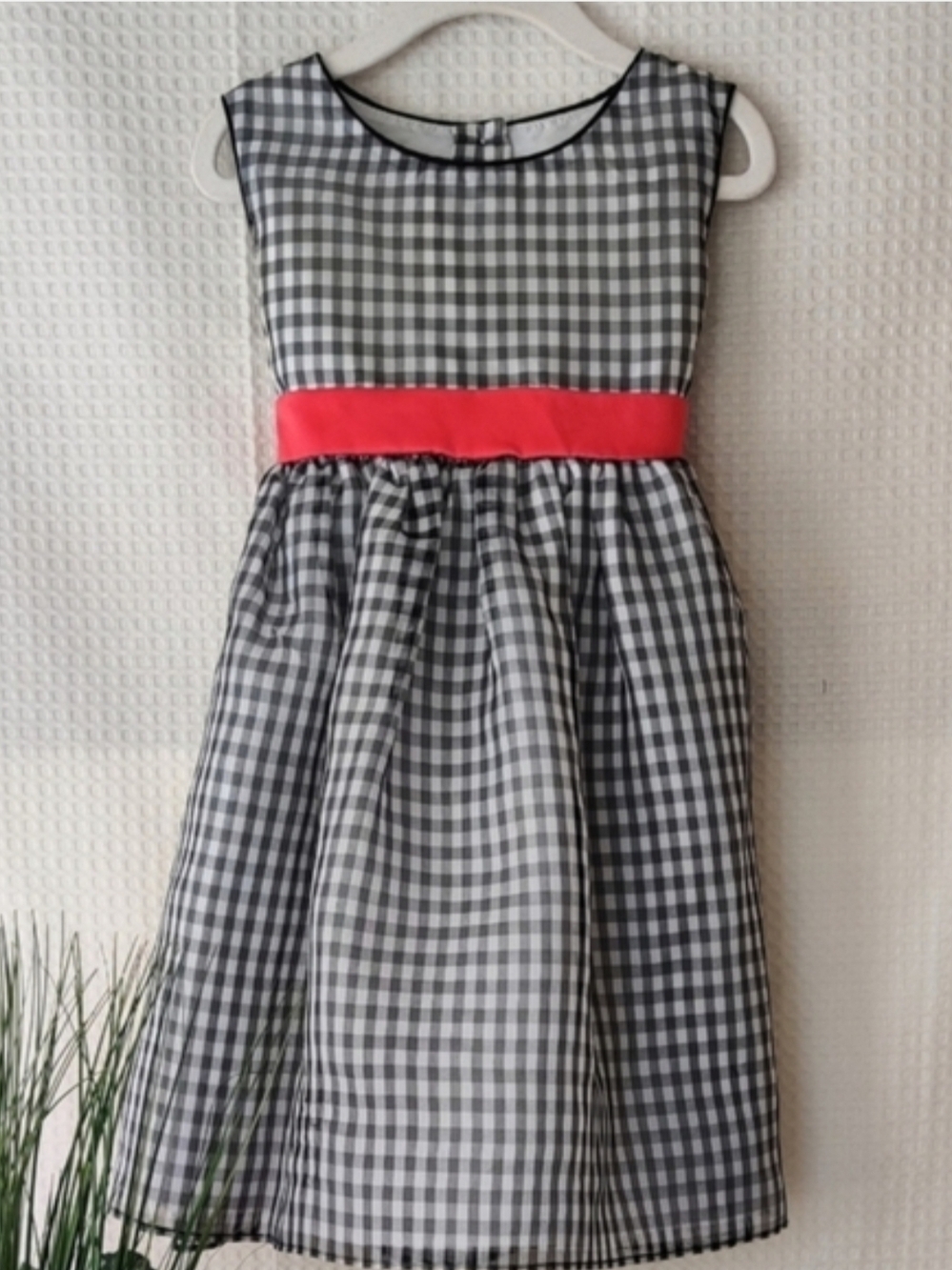 Girls Black & White Gingham Dress with Pink Waistband